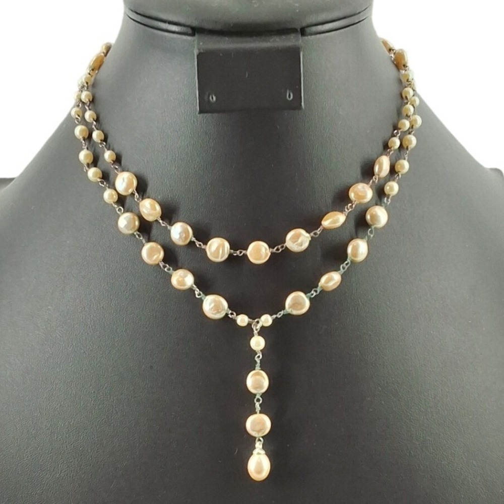 Monet Champagne Faux Pearl Multi-Strand Y-Necklace‎ Silver Tone Teardrop